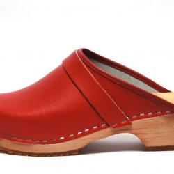 Sabot femme suédois bois et cuir vif  rouge 35