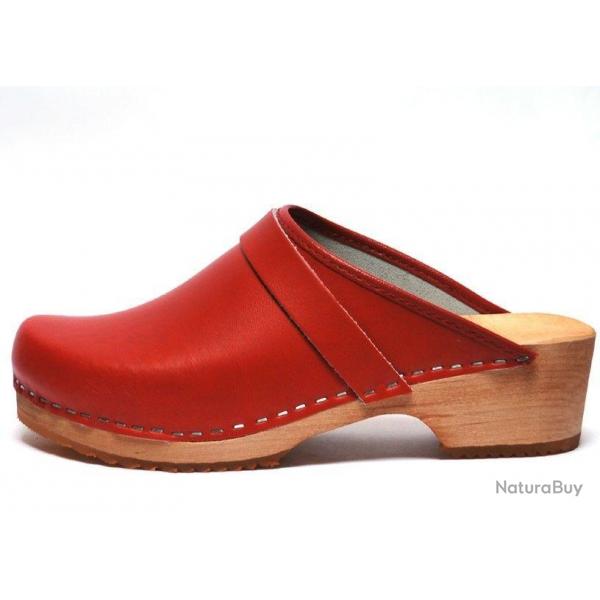 Sabot femme sudois bois et cuir vif rouge