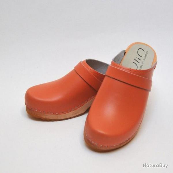 Sabot femme sudois bois et cuir vif  orange papaye 35