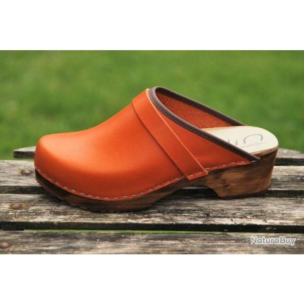 Sabots pour femme sudois bois et cuir tannage vgtal cuir orange vegetal