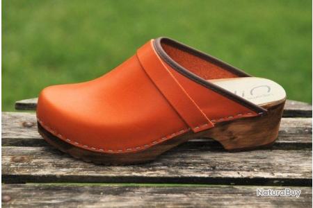 Sabot bois homme suédois bois cuir tannage végétal cuir orange