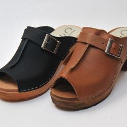 Sabots mules ouverts à boucle métal talons hauts bois et cuir tannage végétal 35 cuir cognac Veg