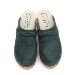 Sabots femme talons hauts suédois en bois et cuir avec tresse vert kaki