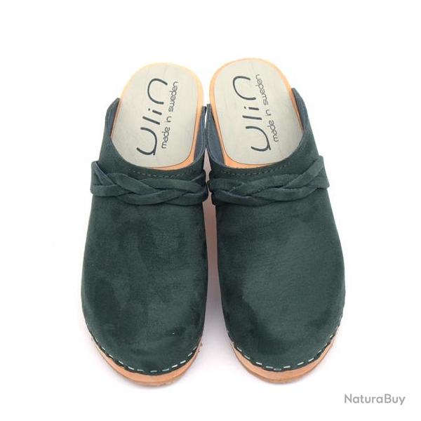 Sabots femme talons hauts sudois en bois et cuir avec tresse vert kaki