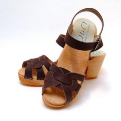 Sandales sabots suédoises femme en cuir nubuck et talon haut bois 35 brun bois naturel