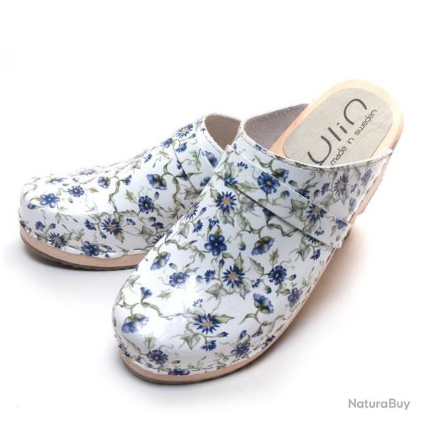 Sabot en bois femme sudois cuir liberty marguerite bleuets 41 bleu turquoise