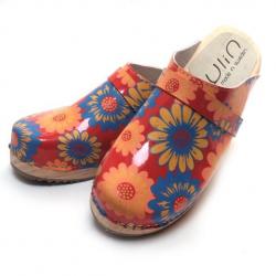 Sabot en bois femme suédois cuir liberty marguerite bleuets rouge 35