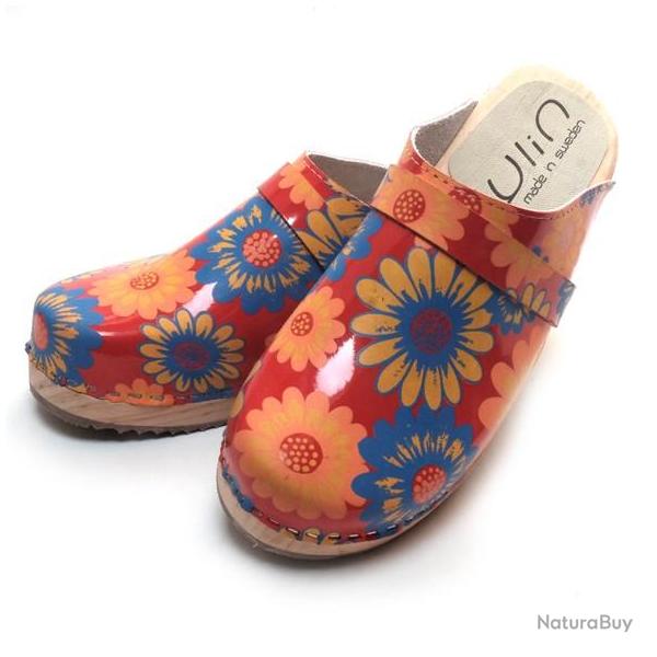 Sabot en bois femme sudois cuir liberty marguerite bleuets rouge 35