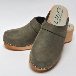 Sabot suédois femme cuir gras ou nubuck velours pêche et bois vert kaki