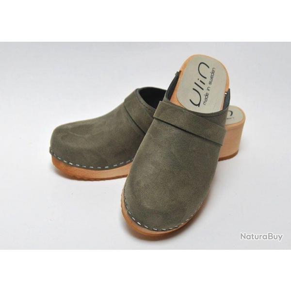 Sabot sudois femme cuir gras ou nubuck velours pche et bois vert kaki