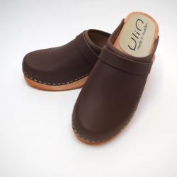 Sabot suédois femme cuir gras ou nubuck velours pêche et bois nubuck choco