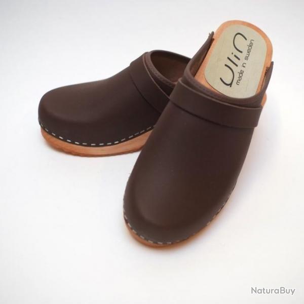 Sabot sudois femme cuir gras ou nubuck velours pche et bois nubuck choco