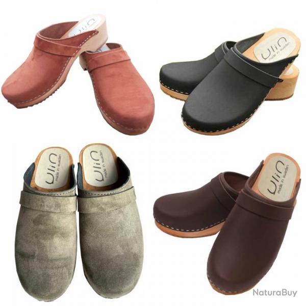 Sabot sudois femme cuir gras ou nubuck velours pche et bois nubuck choco