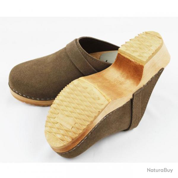 Sabot sudois femme cuir gras ou nubuck velours pche et bois Nubuck taupe