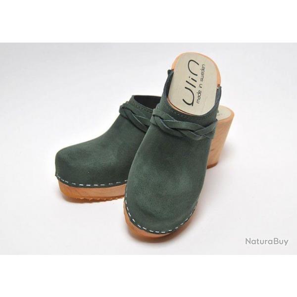 Sabots sudois femme talons hauts bois et cuir tannage vgtal ou nubuck vert ardoise