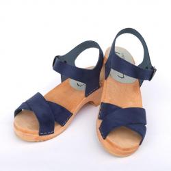 Sandales suédoises basses en bois et cuir croisé bleu marine navy 37 bois naturel