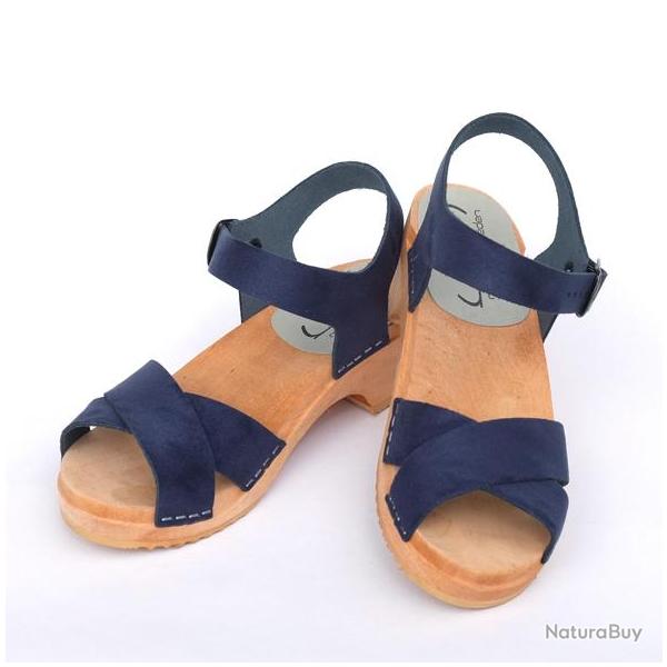 Sandales sudoises basses en bois et cuir crois bleu marine navy 37 bois naturel