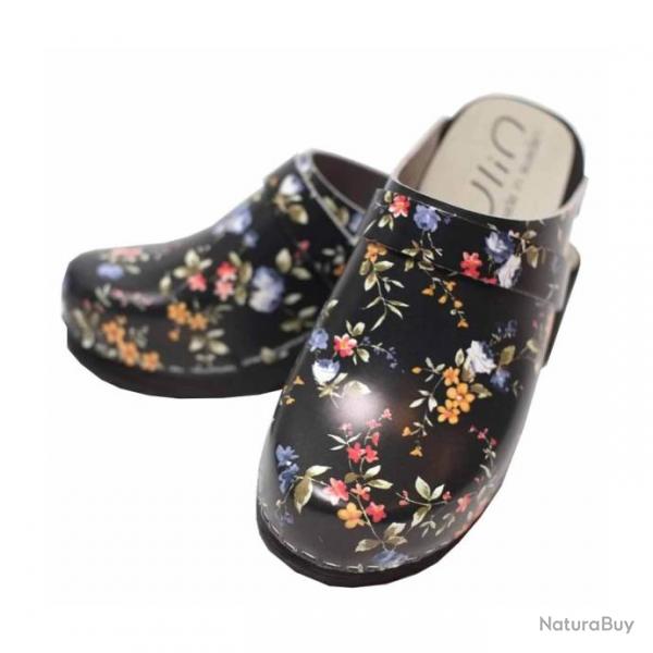 Sabots bois sudois cuir liberty noir femme noir