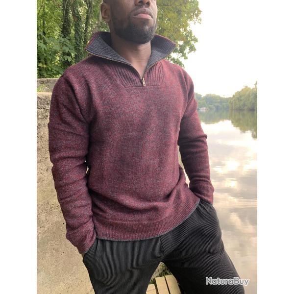 Pull Homme trs chaud en pure laine vierge col camionneur XL (extra large) Bordeaux fonc