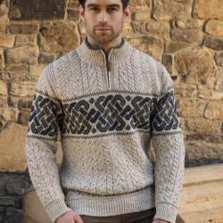 Pull Homme irlandais chaud jacquard pure laine mérinos M (médium) blc ecru beige clair