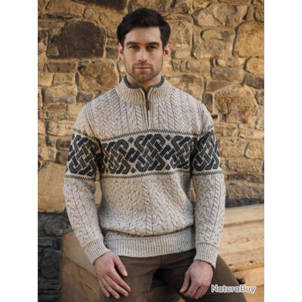 Pull Homme irlandais chaud jacquard pure laine mrinos M (mdium) blc ecru beige clair