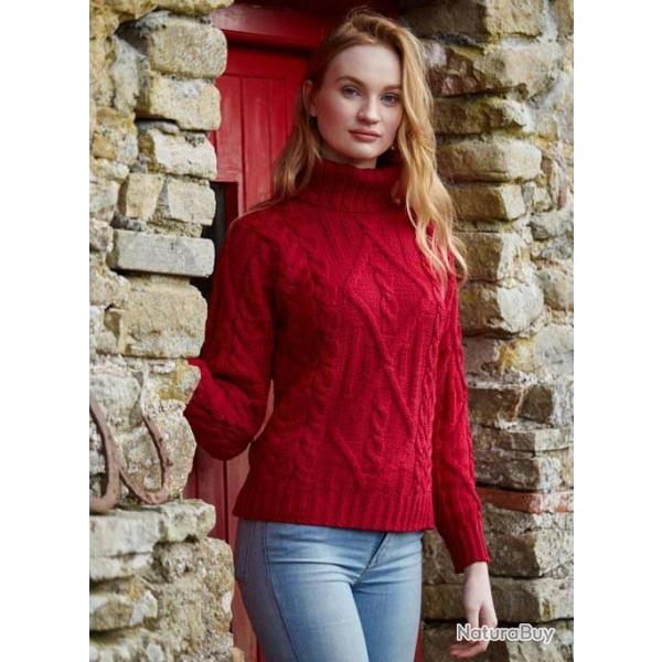 Pull Femme col roul court en pure laine mrinos rouge ou cru rouge S (small)