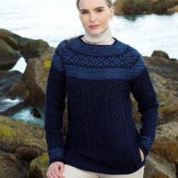 Pull Femme jacquard irlandais aran en pure laine mérinos motif Fairisle XS (extra small) bleu nuit