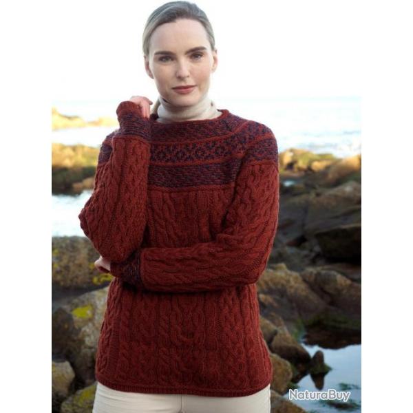 Pull Femme jacquard irlandais aran en pure laine mrinos motif Fairisle S (small) terre de sienne