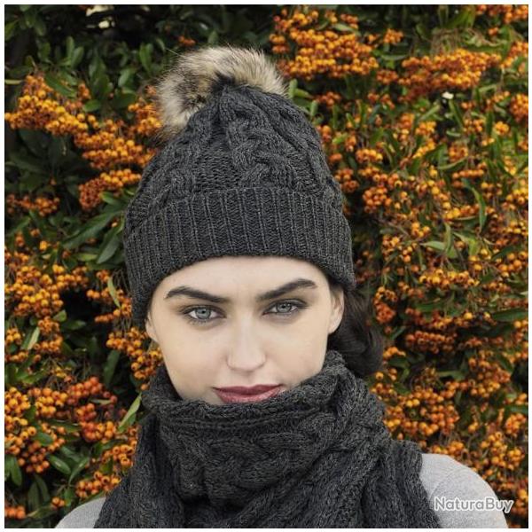 Bonnet chaud laine mrinos ctes avec pompon gris anthracite