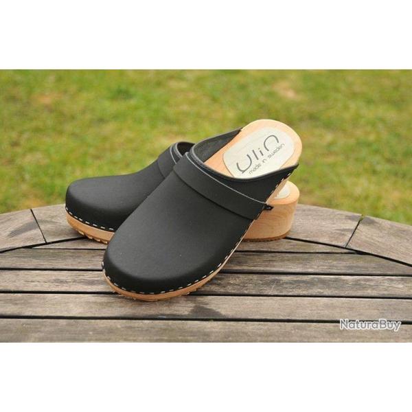 Sabot bois sudois homme en cuir mat ou nubuck velours nubuck noir