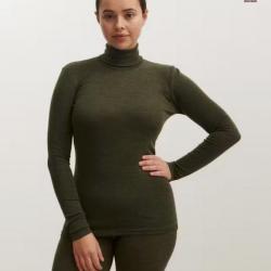 Pull femme chaud fin col roulé pure laine mérinos femme vert kaki 38