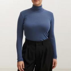 Pull femme chaud fin col roulé pure laine mérinos femme Bleu gris