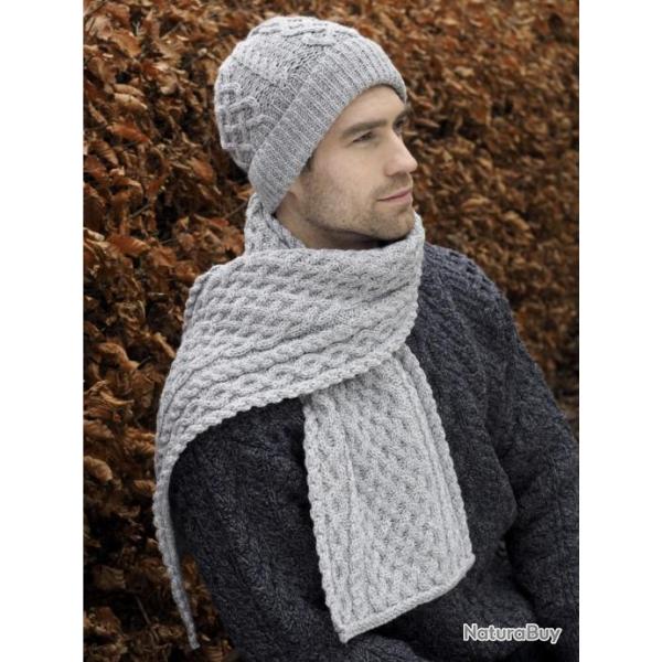 Bonnet motif treillis pure laine mrinos Homme femme gris clair