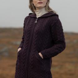 Gilet Femme long à capuche en pure laine mérinos à double zip 2XL bordeaux prune