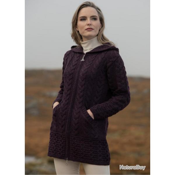 Gilet Femme long  capuche en pure laine mrinos  double zip 2XL bordeaux prune