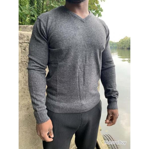 Pull Homme fin col V pure laine d'agneau XL (extra large) gris anthracite