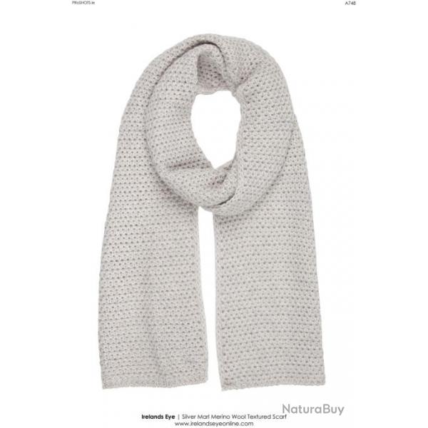 Echarpe en pure laine mrinos maille tricot cte de riz  gris clair