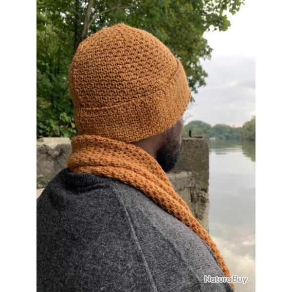 Echarpe en pure laine mrinos maille tricot cte de riz  rouille