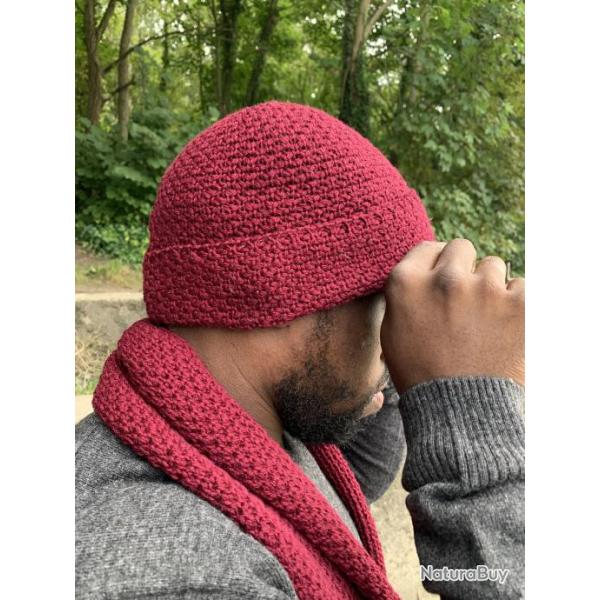 Echarpe en pure laine mrinos maille tricot cte de riz  rouge bordo