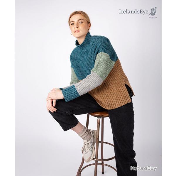 Pulls irlandais chauds femmes en laine mrinos cachemire et soie avec col montant 2XL vert bleut