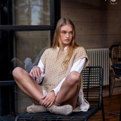 Pull sans manches femme col rond laine mérinos soie et cachemire beige sable XS (extra small)