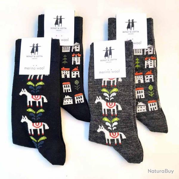 Chaussettes  motifs chevaux en laine mrinos noir  35/39