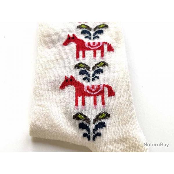 Chaussettes  motifs chevaux en laine mrinos blanc cru 35/39