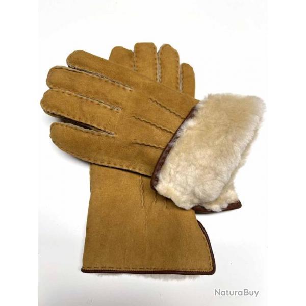 Gants luxueux peau d'agneau laine type aviateur 9,5 cm moka beige