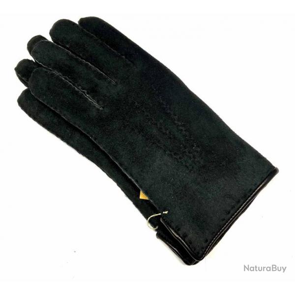 Gants luxueux peau d'agneau laine type aviateur noir  7,5 cm