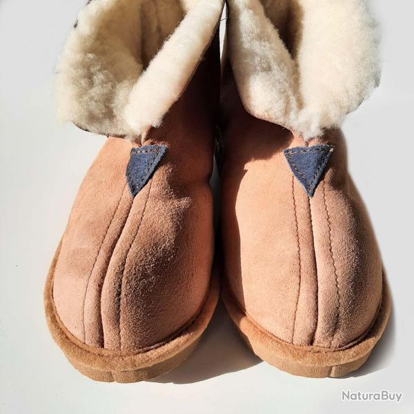 Chaussons Femme et Hommes chauds et hauts en peau d'agneau 40 moka