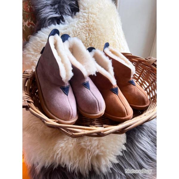 Chaussons Femme et Hommes chauds et hauts en peau d'agneau 40 TAUPE