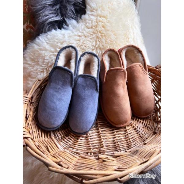 Chaussons chauds charentaises Homme et femme en peau de mouton 40 moka