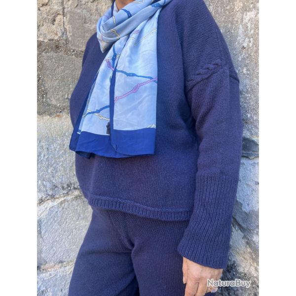 Pull femme chaud en laine merinos asymtrique et maille jersey et torsades bleu marine navy S (small