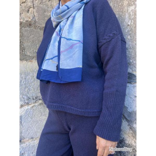 Pulls chauds femme en laine merinos asymtrique et maille jersey et torsades bleu marine navy XS (ex